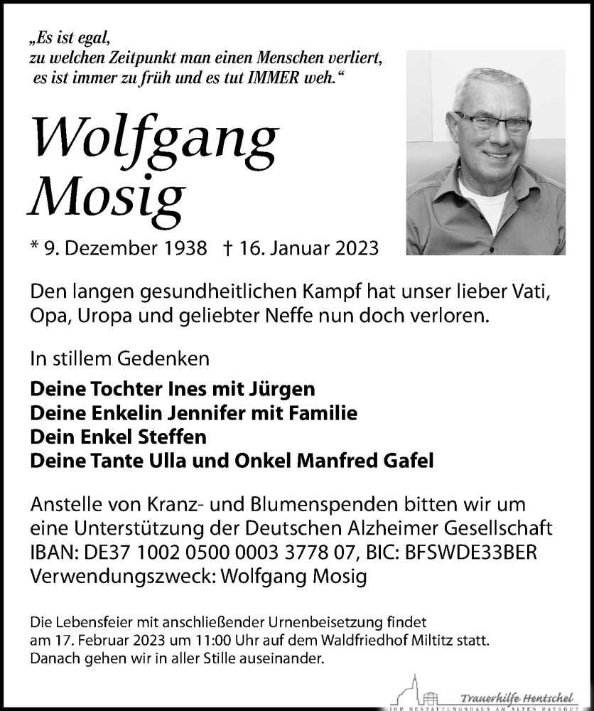  Traueranzeige für Wolfgang Mosig vom 21.01.2023 aus Leipziger Volkszeitung