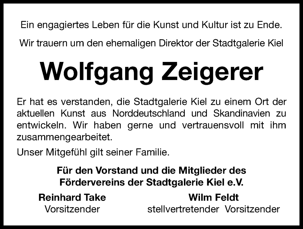  Traueranzeige für Wolfgang Zeigerer vom 28.01.2023 aus Kieler Nachrichten