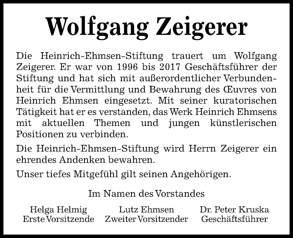  Traueranzeige für Wolfgang Zeigerer vom 28.01.2023 aus Kieler Nachrichten