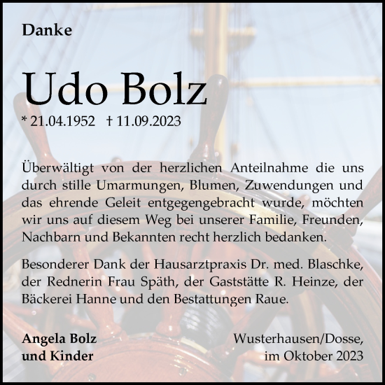 Traueranzeige von Udo Bolz