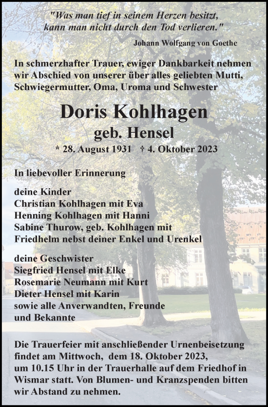 Traueranzeige von Doris Kohlhagen von Ostsee-Zeitung GmbH