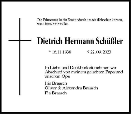 Traueranzeige von Dietrich Hermann Schüßler 