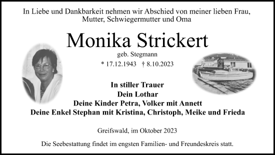 Traueranzeige von Monika Strickert von Ostsee-Zeitung GmbH