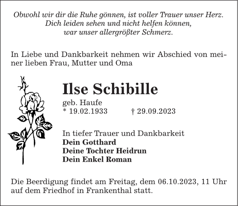  Traueranzeige für Ilse Schibille vom 04.10.2023 aus Sächsische Zeitung