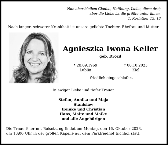 Traueranzeige von Agnieszka Iwona Keller von Kieler Nachrichten