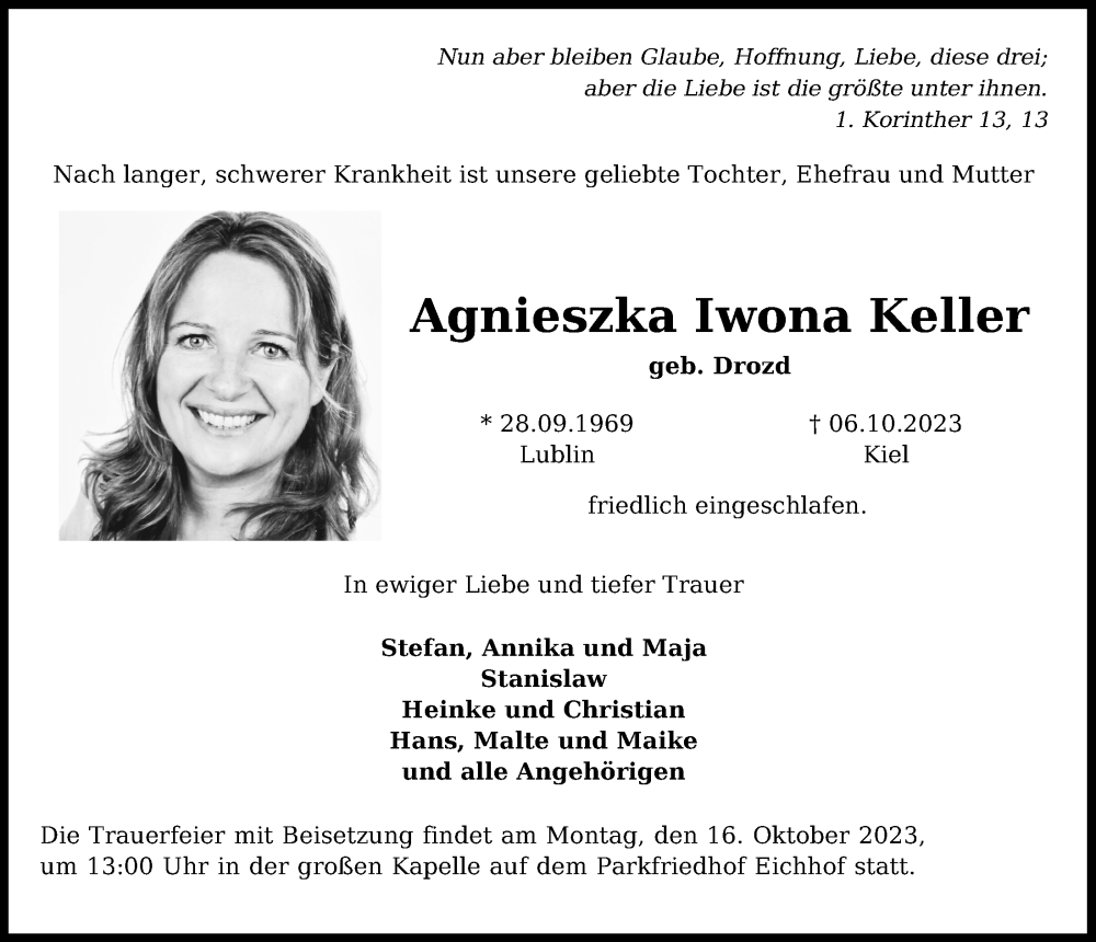 Traueranzeige für Agnieszka Iwona Keller vom 14.10.2023 aus Kieler Nachrichten