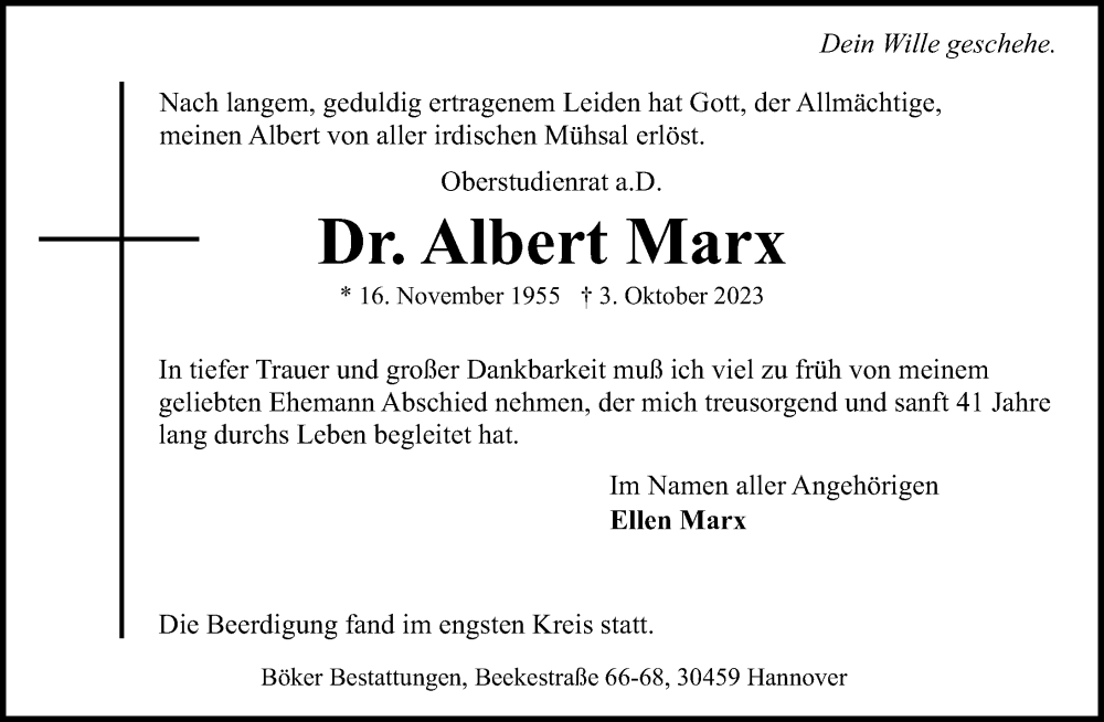  Traueranzeige für Albert Marx vom 14.10.2023 aus Hannoversche Allgemeine Zeitung/Neue Presse