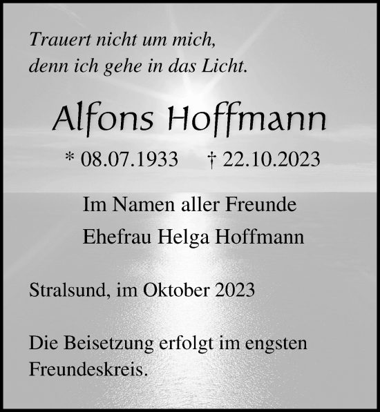 Traueranzeige von Alfons Hoffmann von Ostsee-Zeitung GmbH