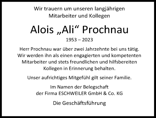 Traueranzeige von Alois Prochnau von Kieler Nachrichten
