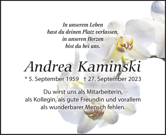 Traueranzeige von Andrea Kaminski von Leipziger Volkszeitung