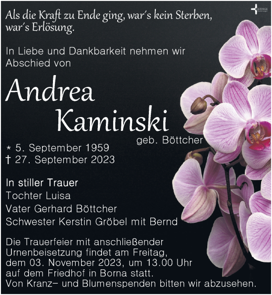 Traueranzeige von Andrea Kaminski von Leipziger Volkszeitung