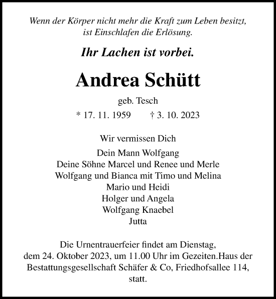 Traueranzeige von Andrea Schütt von Lübecker Nachrichten