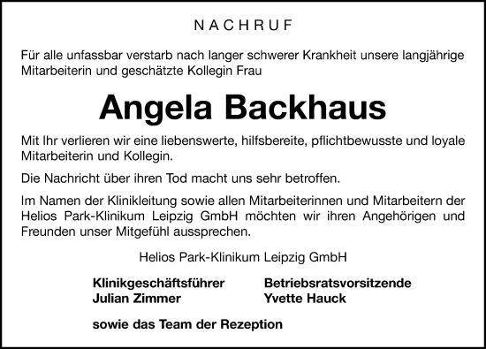 Traueranzeige von Angela Backhaus von Leipziger Volkszeitung