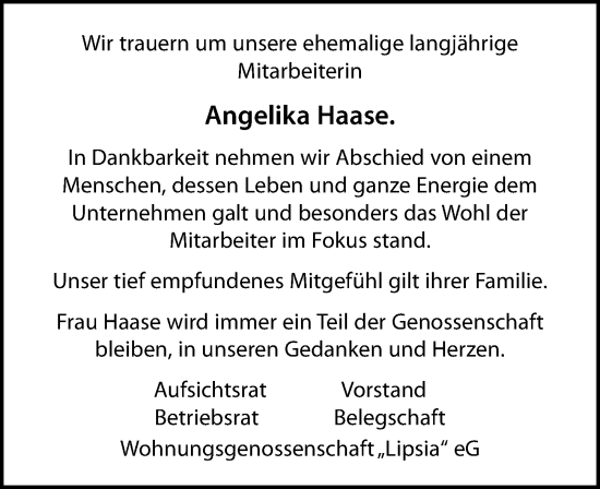Traueranzeige von Angelika Haase von Leipziger Volkszeitung