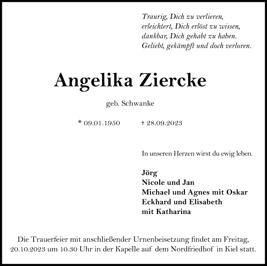 Traueranzeige von Angelika Ziercke von Kieler Nachrichten