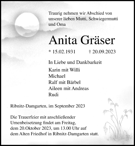 Traueranzeige von Anita Gräser von Ostsee-Zeitung GmbH