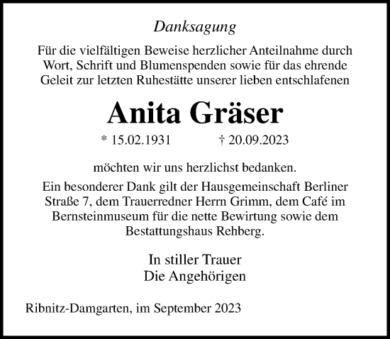 Traueranzeige von Anita Gräser von Ostsee-Zeitung GmbH