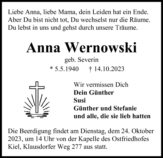 Traueranzeige von Anna Wernowski von Kieler Nachrichten