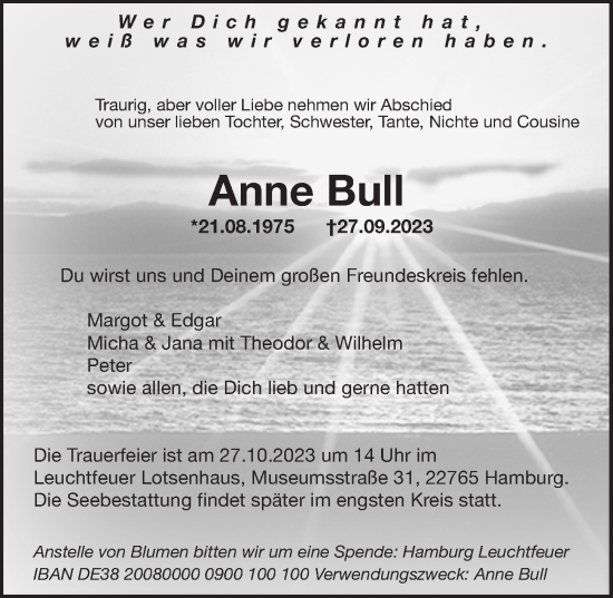 Traueranzeige von Anne Bull von Ostsee-Zeitung GmbH