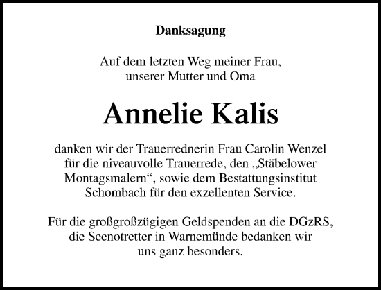 Traueranzeige von Annelie Kalis von Ostsee-Zeitung GmbH