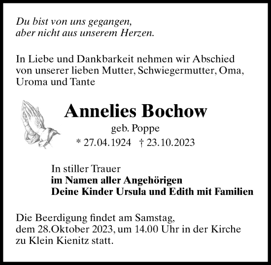 Traueranzeige von Annelies Bochow von Märkischen Allgemeine Zeitung