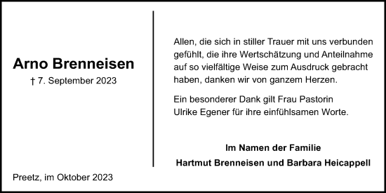 Traueranzeige von Arno Brenneisen von Kieler Nachrichten