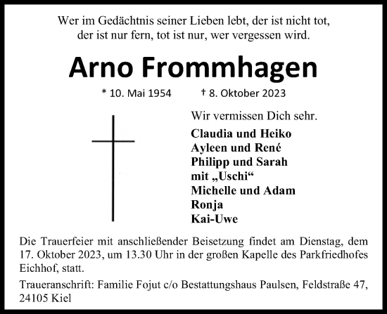 Traueranzeige von Arno Frommhagen von Kieler Nachrichten