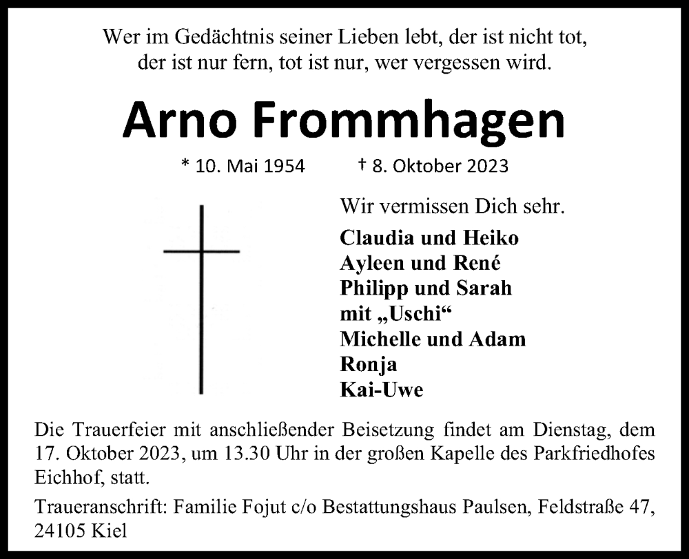  Traueranzeige für Arno Frommhagen vom 14.10.2023 aus Kieler Nachrichten