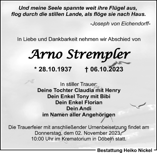 Traueranzeige von Arno Strempler von Leipziger Volkszeitung