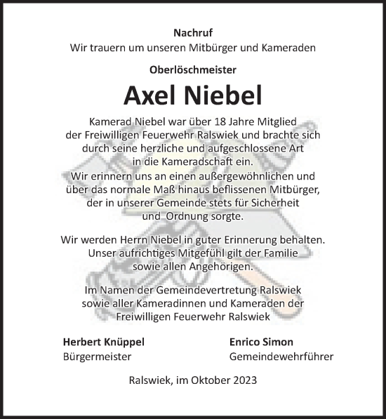 Traueranzeige von Axel Niebel von Ostsee-Zeitung GmbH