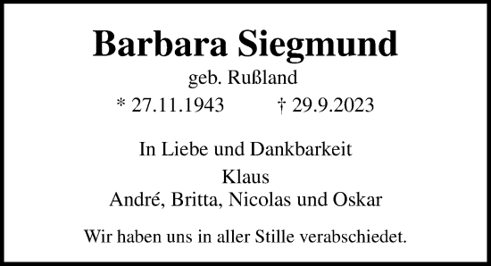 Traueranzeige von Barbara Siegmund von Lübecker Nachrichten