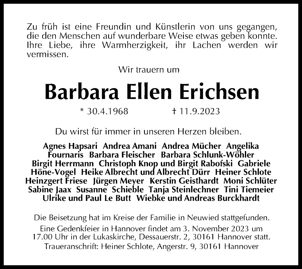  Traueranzeige für Barbara Ellen Erichsen vom 14.10.2023 aus Hannoversche Allgemeine Zeitung/Neue Presse