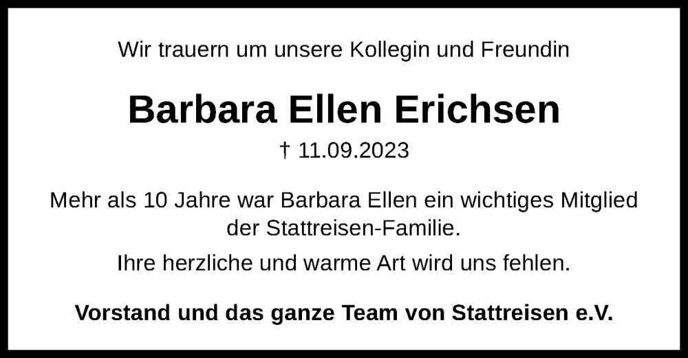  Traueranzeige für Barbara Ellen Erichsen vom 14.10.2023 aus Hannoversche Allgemeine Zeitung/Neue Presse