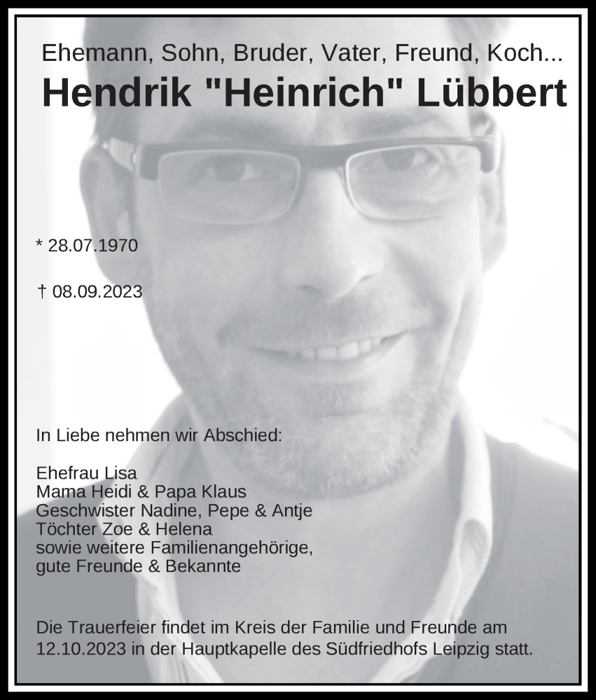  Traueranzeige für Hendrik Lübbert vom 26.09.2023 aus Leipziger Volkszeitung