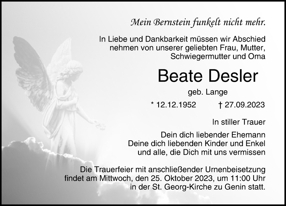  Traueranzeige für Beate Desler vom 15.10.2023 aus Lübecker Nachrichten