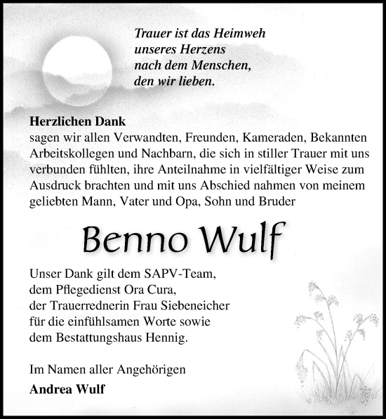 Traueranzeige von Benno Wulf von Ostsee-Zeitung GmbH