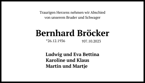 Traueranzeige von Bernhard Bröcker von Kieler Nachrichten