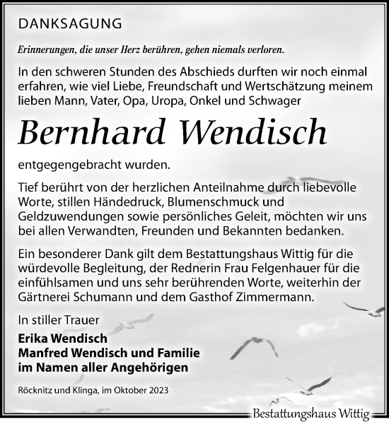 Traueranzeige von Bernhard Wendisch von Leipziger Volkszeitung