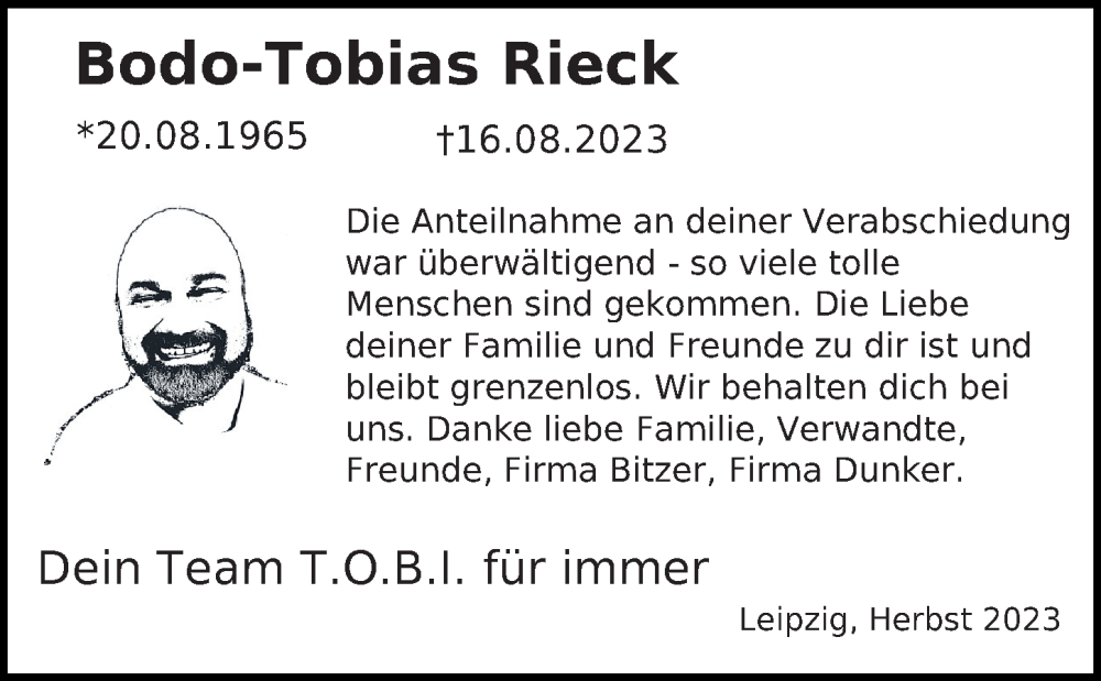  Traueranzeige für Bodo-Tobias Rieck vom 07.10.2023 aus Leipziger Volkszeitung