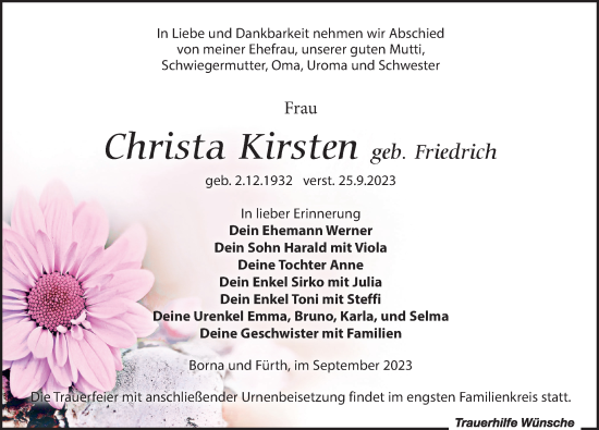 Traueranzeige von Christa Kirsten von Leipziger Volkszeitung