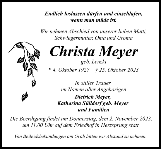 Traueranzeige von Christa Meyer von Märkischen Allgemeine Zeitung