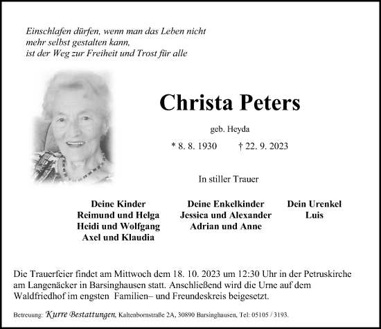 Traueranzeige von Christa Peters von Hannoversche Allgemeine Zeitung/Neue Presse