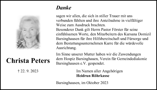 Traueranzeige von Christa Peters von Hannoversche Allgemeine Zeitung/Neue Presse