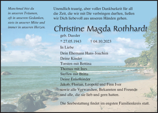 Traueranzeige von Christine Magda Rothhardt von Ostsee-Zeitung GmbH