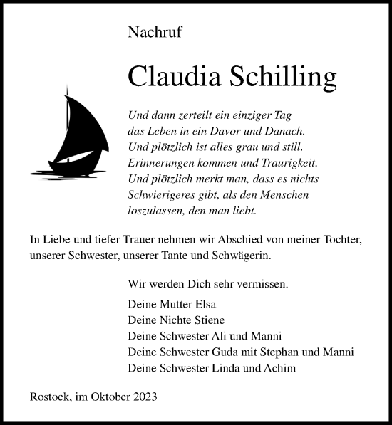 Traueranzeige von Claudia Schilling von Ostsee-Zeitung GmbH