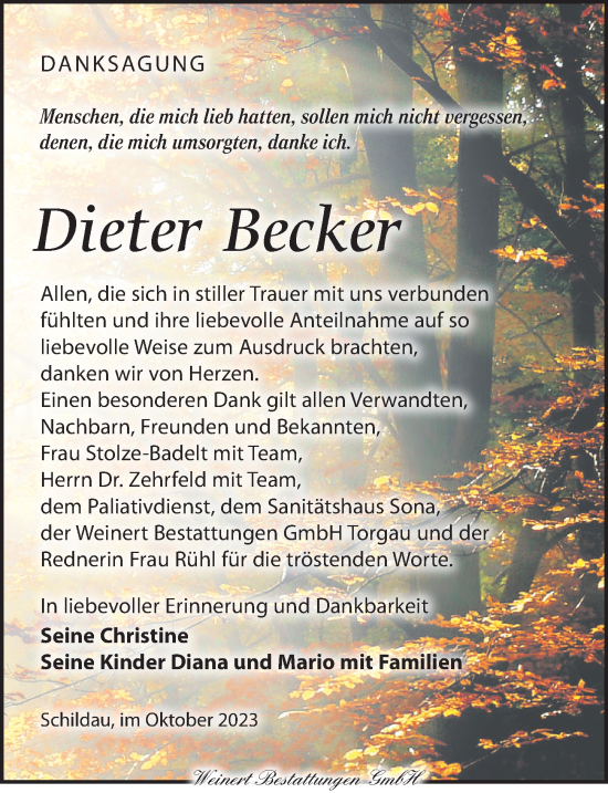 Traueranzeige von Dieter Becker von Torgauer Zeitung