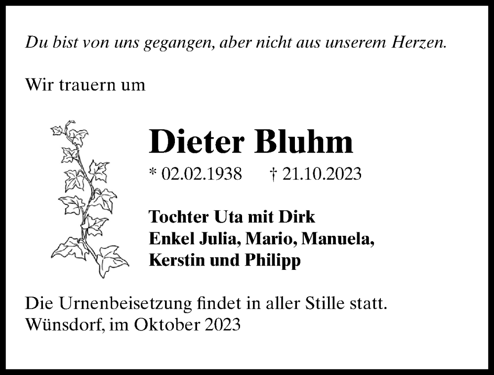  Traueranzeige für Dieter Bluhm vom 28.10.2023 aus Märkischen Allgemeine Zeitung