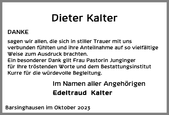 Traueranzeige von Dieter Kalter von Hannoversche Allgemeine Zeitung/Neue Presse