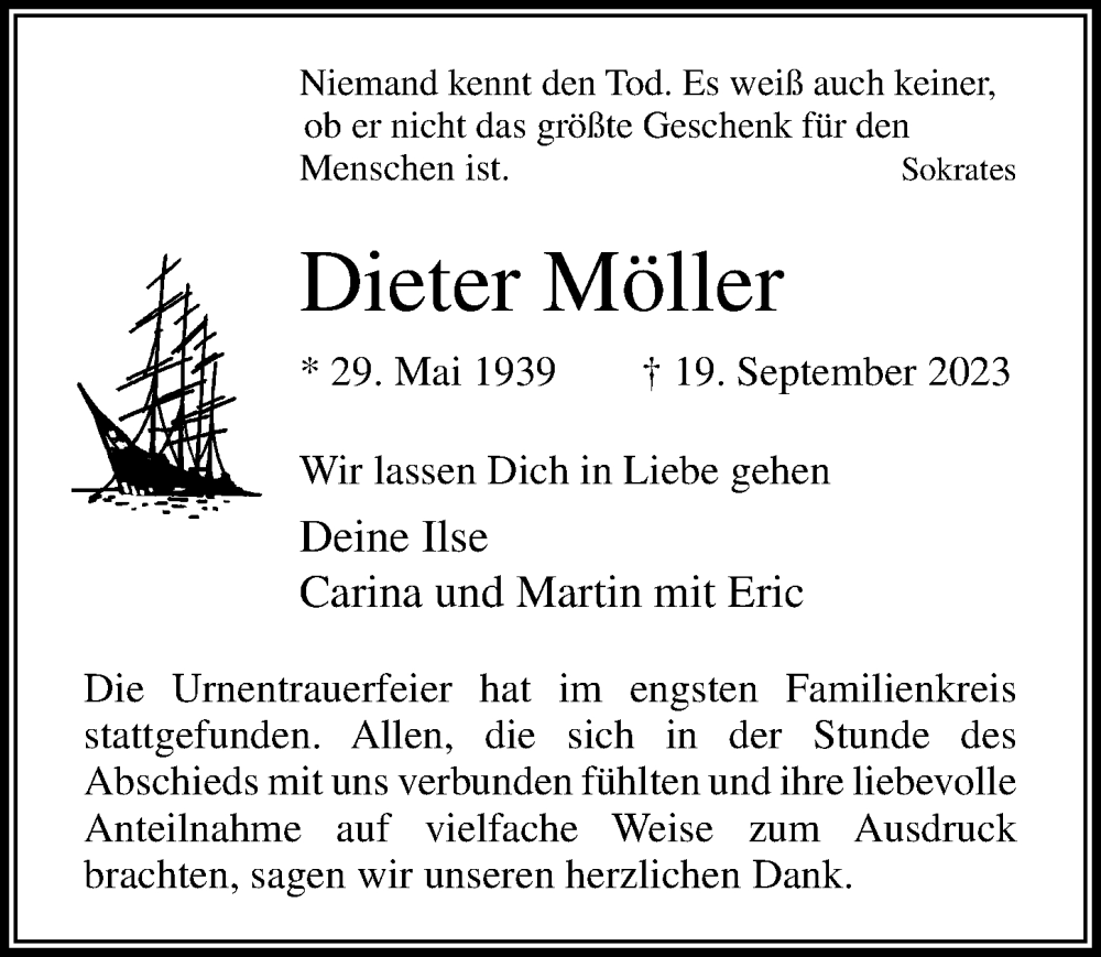 Traueranzeige für Dieter Möller vom 15.10.2023 aus Lübecker Nachrichten