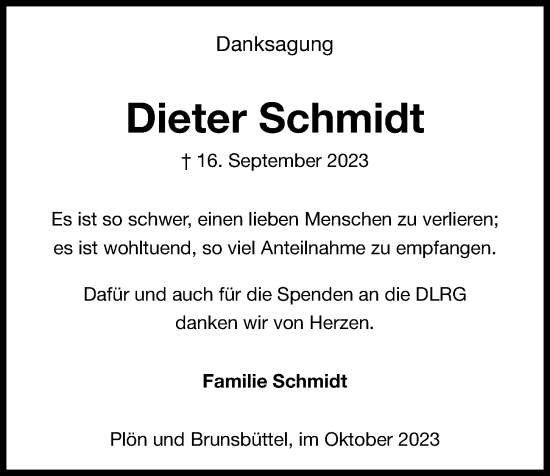 Traueranzeige von Dieter Schmidt von Kieler Nachrichten